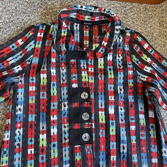 Damee Colorful Striped Print Wire Collar Tunic Top Womens Size M Medium - Picture 2 of 6